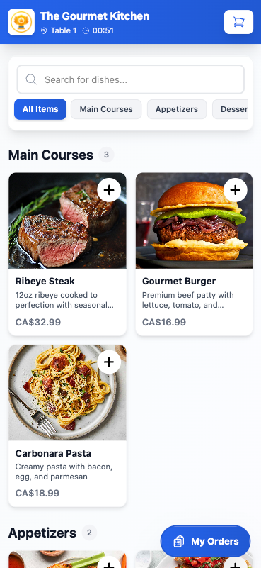 Mobile view of the QR code ordering menu